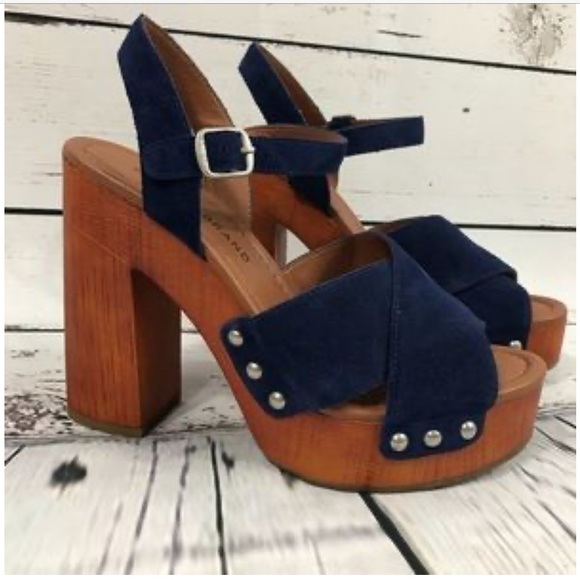 Navy Blue Suede Open Toe Platform Heel Sandal - Picture 2 of 4